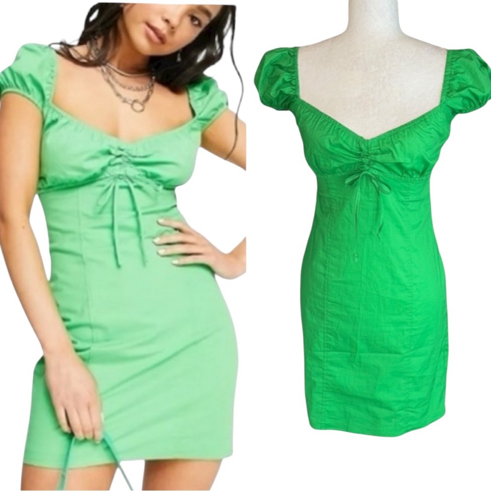 NWT Showpo Marithes Green Ruched Front Tie Mini Dress - S